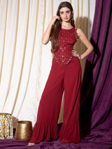Women's Red Embordered Top With Palazoo Co-ords Set