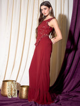 Women's Red Embordered Top With Palazoo Co-ords Set