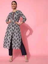 Women's Navy Floral Printed Kurta with Trouser