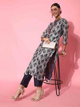 Women's Navy Floral Printed Kurta with Trouser