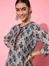 Women's Navy Floral Printed Kurta with Trouser