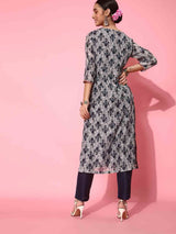 Women's Navy Floral Printed Kurta with Trouser