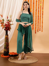 Women's Green Floral Embellished Crop Top & Palazzo With Dupatta