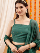 Women's Green Floral Embellished Crop Top & Palazzo With Dupatta