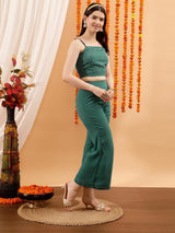 Women's Green Floral Embellished Crop Top & Palazzo With Dupatta