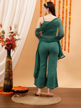 Women's Green Floral Embellished Crop Top & Palazzo With Dupatta
