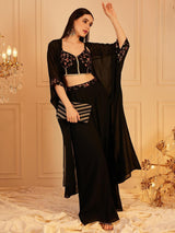 Women's Black Embroidered Top & Palazzo With Shrug Co-ords Set