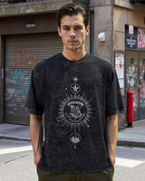 Men's Black Crest Mark Graphic Printed Oversized Acid Wash Tshirt
