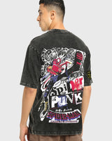 Men's Black Spider Punk Graphic Printed Oversized Acid Wash Tshirt
