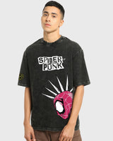 Men's Black Spider Punk Graphic Printed Oversized Acid Wash Tshirt