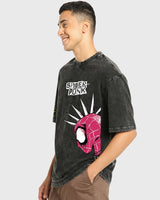 Men's Black Spider Punk Graphic Printed Oversized Acid Wash Tshirt