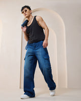 Men's Blue Baggy Fit Washed Cargo Mid-Rise Jeans