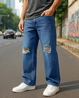 Men's Blue Washed Baggy Fit Ditsressed Mid-Rise Jeans