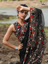 Women's Black Mul Cotton Saree