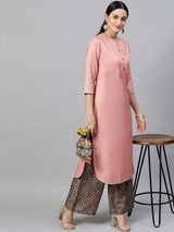 Women's Pink Band Collar A-Line Curved Kurta with Palazzo
