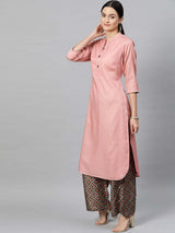 Women's Pink Band Collar A-Line Curved Kurta with Palazzo