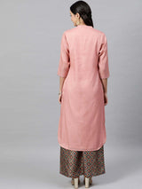 Women's Pink Band Collar A-Line Curved Kurta with Palazzo