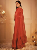 Women's Red Embroidered Sleeveless Crop Top & Skirt With Shrug Co-ords Set