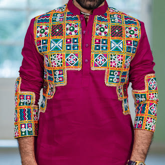 Men's Pink Embroidered Full Sleeves Festive Kurta