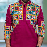 Men's Pink Embroidered Full Sleeves Festive Kurta