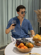 Men's Blue Casual Slim Fit Textured Half Sleeves Shirt