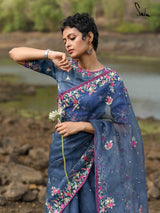 Women's Blue Mul Cotton Saree