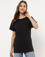 Women's Black Casual Boyfriend Fit Solid Half Sleeves Tshirt