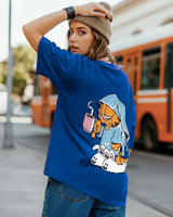 Women's Blue Casual Oversized Fit Printed Half Sleeves Tshirt