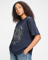 Women's Blue Casual Oversized Fit Printed Half Sleeves Tshirt