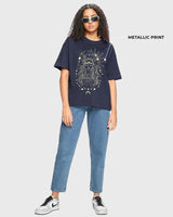 Women's Blue Casual Oversized Fit Printed Half Sleeves Tshirt