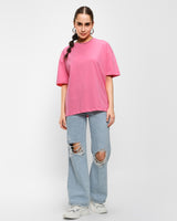 Women's Pink Casual Oversized Fit Solid Half Sleeves Tshirt