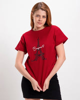 Women's Red Casual Boyfriend Fit Printed Half Sleeves Tshirt