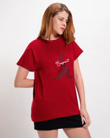 Women's Red Casual Boyfriend Fit Printed Half Sleeves Tshirt