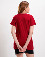 Women's Red Casual Boyfriend Fit Printed Half Sleeves Tshirt