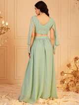 Women's Green Cape Sleeve Crop Top & Trouser Co-ords Set