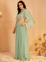 Women's Green Cape Sleeve Crop Top & Trouser Co-ords Set