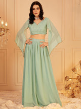 Women's Green Cape Sleeve Crop Top & Trouser Co-ords Set