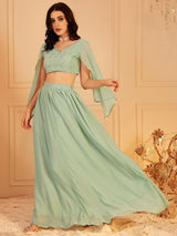 Women's Green Cape Sleeve Crop Top & Trouser Co-ords Set