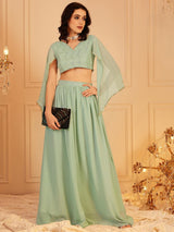 Women's Green Cape Sleeve Crop Top & Trouser Co-ords Set