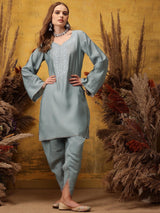 Women's Grey Floral Embroidered V-Neck Straight Kurta with Dhoti Pant