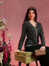 Women's Black Ethnic Motifs Embroidered Zari V-Neck Straight Kurta With Palazzo