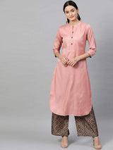 Women's Pink Band Collar A-Line Curved Kurta with Palazzo