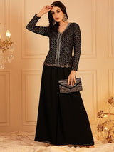 Women's Black Embellished V-Neck Top With Palazzo