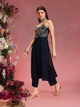 Women's Navy Floral Embroidered Shoulder Straps Straight Kurta With Trouser