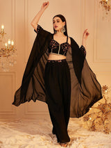 Women's Black Embroidered Top & Palazzo With Shrug Co-ords Set