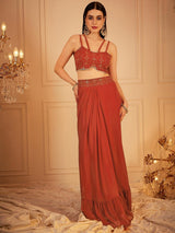 Women's Red Embroidered Sleeveless Crop Top & Skirt With Shrug Co-ords Set