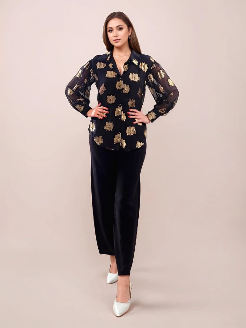 Women's Black Festive Printed Regular Fit Shirt