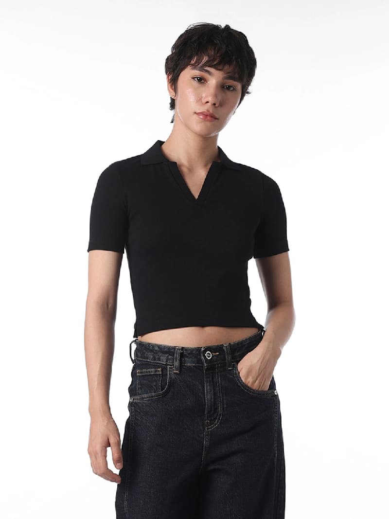 Women's Black Casual Solid Regular Fit Polo Tshirt