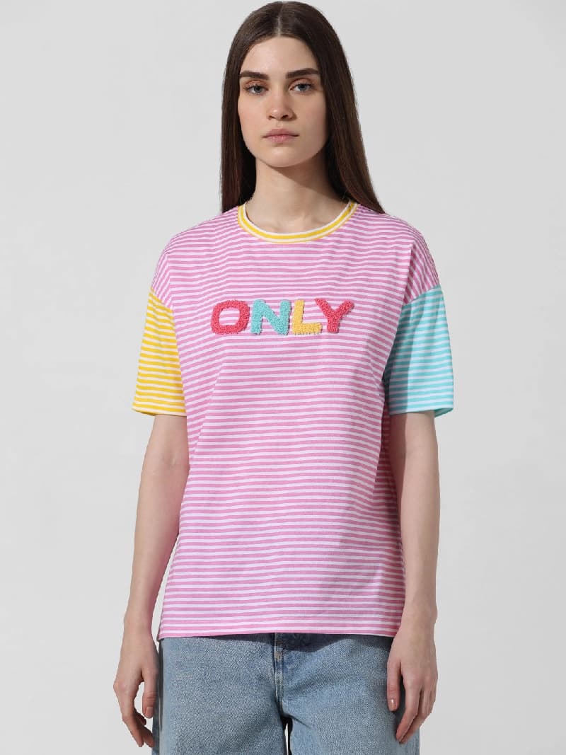 Women's Pink Casual Striped Regular Fit Tshirt