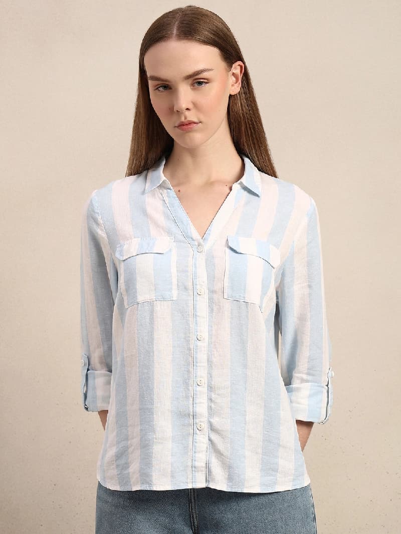 Women's White Casual Striped Regular Fit Shirt
